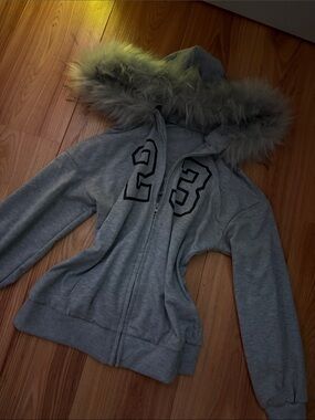 Gray Hooded Zip-Up Jacket with Faux-Fur Trim